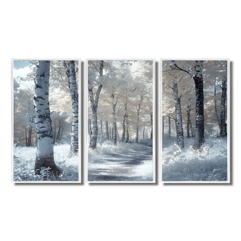 «Winter Birch Woods Forest Photo I», ensemble d'art mural paysage d'hiver, Toile encadrée flottée blanche
