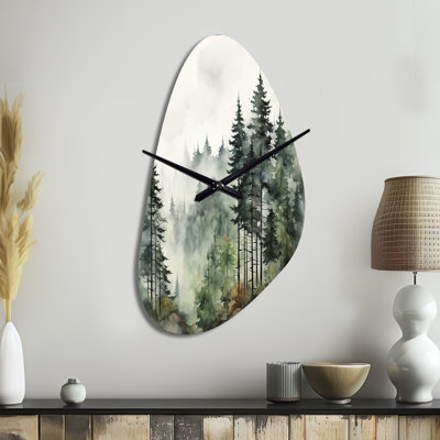 Pine Tree Misty Morning I - Fall Shape Decorative Green Tree Pine Wall Clock