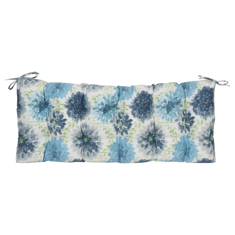 Tufted Outdoor Loveseat Cushion, 46" W x 19" D, White/Blue/Gardenia Cool Floral
