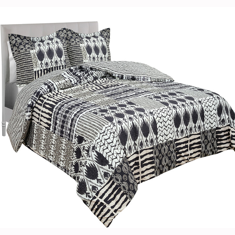 Capetown Black/Cream Microfiber Reversible 3 Piece Comforter Set, Queen Comforter + 2 Standard Shams