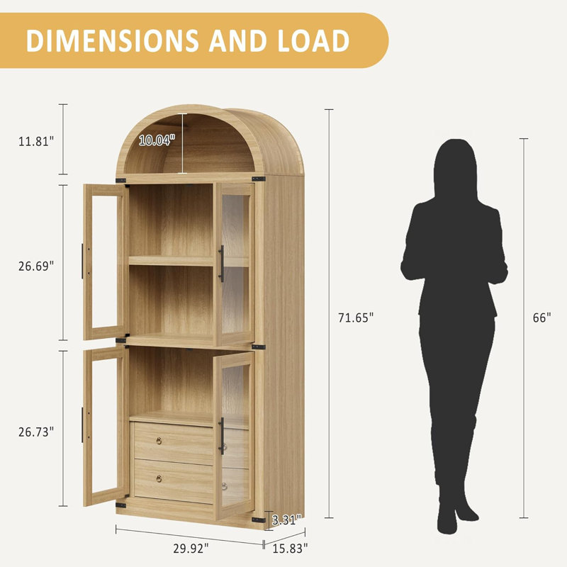 Armoire garde-manger arquée 71,65 po avec portes et bibliothèque en bois avec 2 tiroirs, Brun
