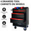 Coffre à outils roulant de 20 po avec 4 tiroirs - glissières à roulement, boîte en acier noir et rouge, espace supplémentaire, 4 glissières d'armoire pivotantes en métal, acier, roues universelles, rangement pour outils verrouillable