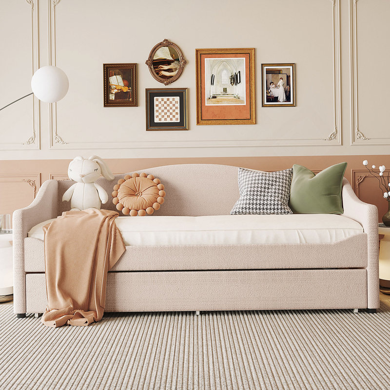 Lit de jour rembourré avec lumière et lit gigogne, Beige, Simple