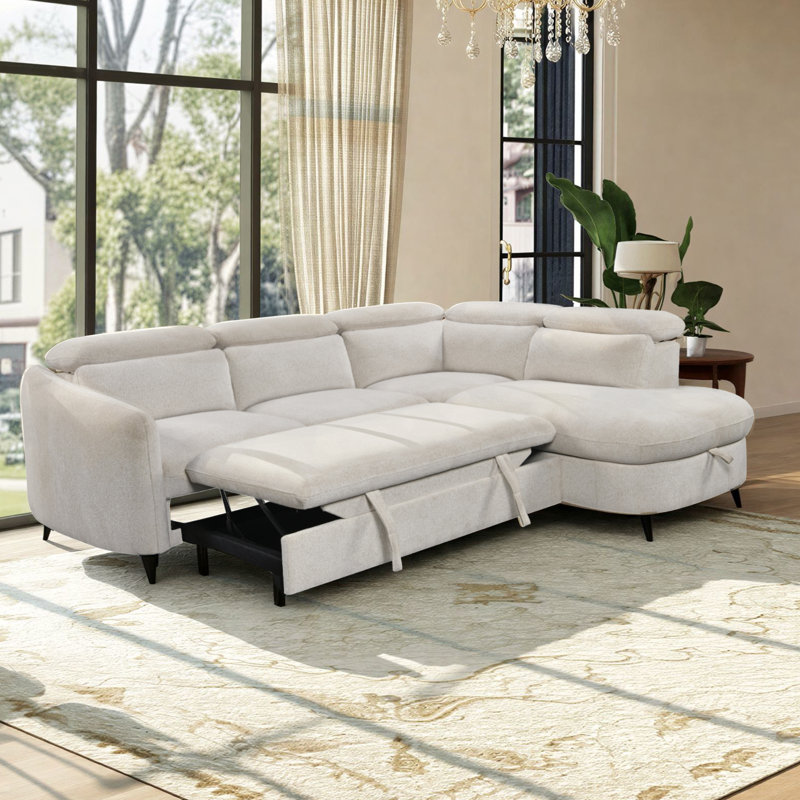 98''Wide Square Arm Sleeper Sofa 2 In 1 Convertible Sleeper Sofa Bed With Srorage Chaise And Pull Out Bed, Beige