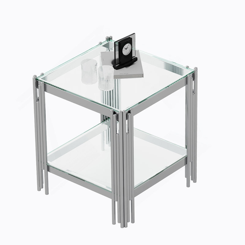 Table de bout moderne en verre trempé avec structure en acier inoxydable, Plateau transparent / base argentée