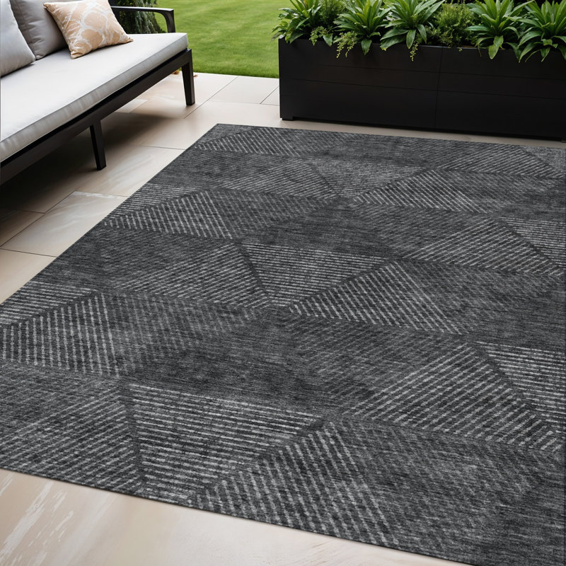 5' X 8' Charcoal Grey Geometric Washable Indoor Outdoor Area Rug