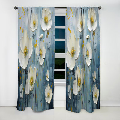 White And Blue Buttercups Minimalism I - Buttercups Floral Blackout Curtain - 1 Panels