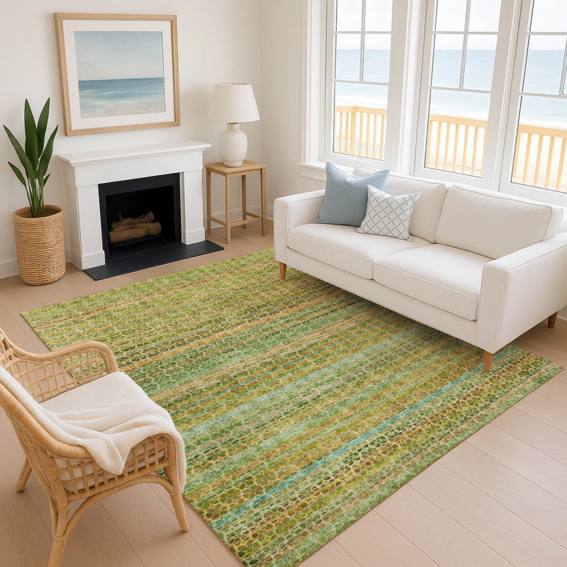 Premium Machine Washable Mayfield AMF2155 Striped Rug, Green, Rectangle 5' x 7'6"