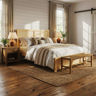 Full-Size Bed Frame, Natural Pine Finish Platform Bed, Wooden Frame With Headboard And Footboard, Modern Minimalist Style