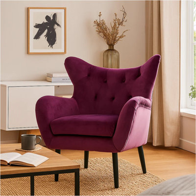 Fauteuil capitonné à oreilles Danney avec accoudoirs évasés et pieds en bois d'hévéa, fauteuil d'appoint