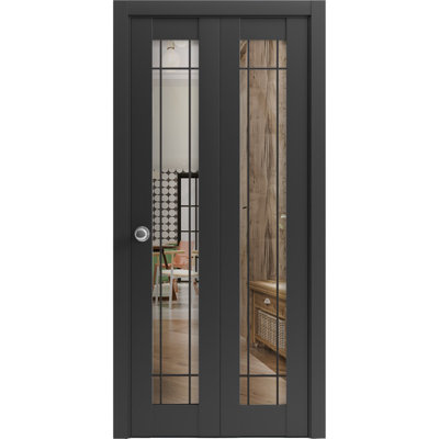Sliding Closet Bi-fold Doors 30 x 80 Lucia 2266 Matte Black with Clear Glass Sturdy Tracks Moldings Trims Hardware Set Wood Solid Bedroom Wardrobe Doors