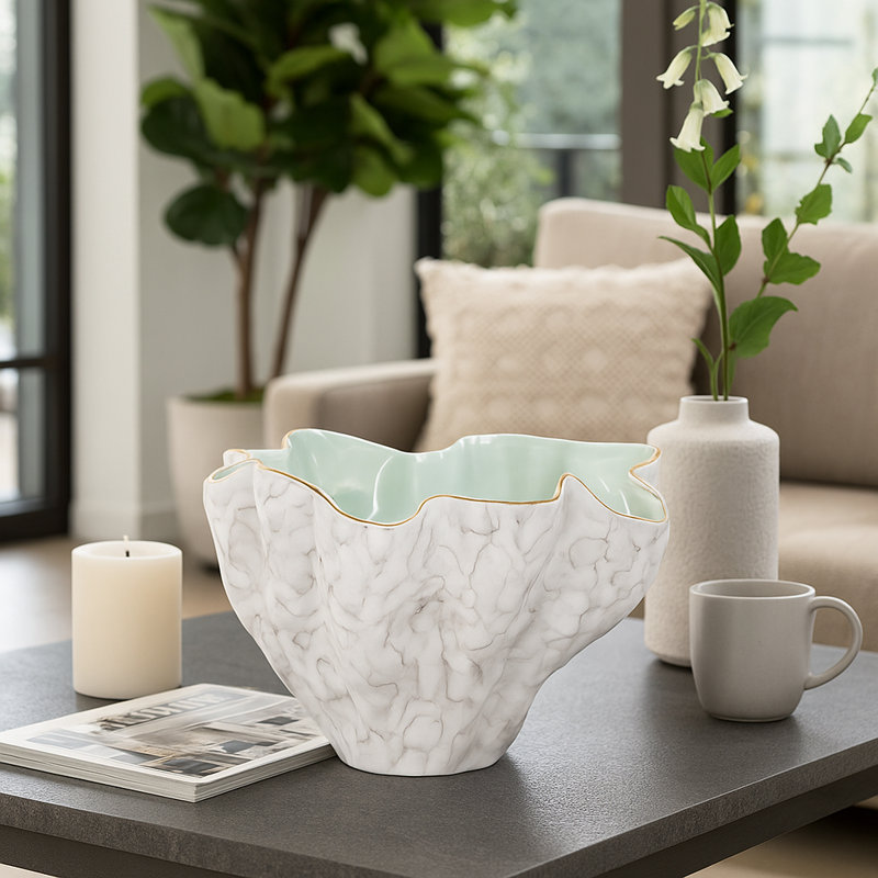 Artistic Abstract Decorative Bowl for Home Decor - Modern Accent Bowl for Console Table or Living Room Decor - Ivory & Gray