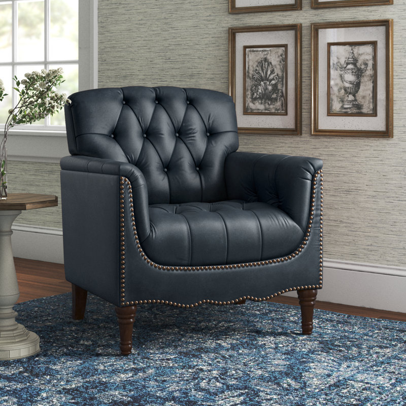 Annja 32" W Tufted Leather Armchair, Navy Genuine Leather