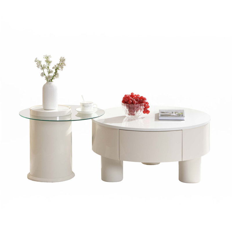 Ensemble de 2 tables basses rondes gigognes, Plateau blanc / base blanc cassé