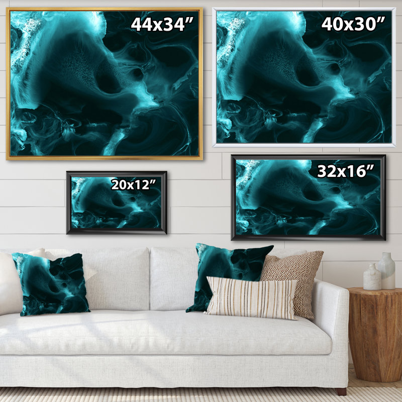 Turquoise nuage liquide I - peinture sur toile, H 16 po x l 32 po, Cadre flottant érable