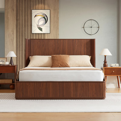 Walnut ripple panel curved headboard platform bed frame, 44-inch tall headboard,king size bed frame, modern minimalist style, easy to assemble, no box spring required.