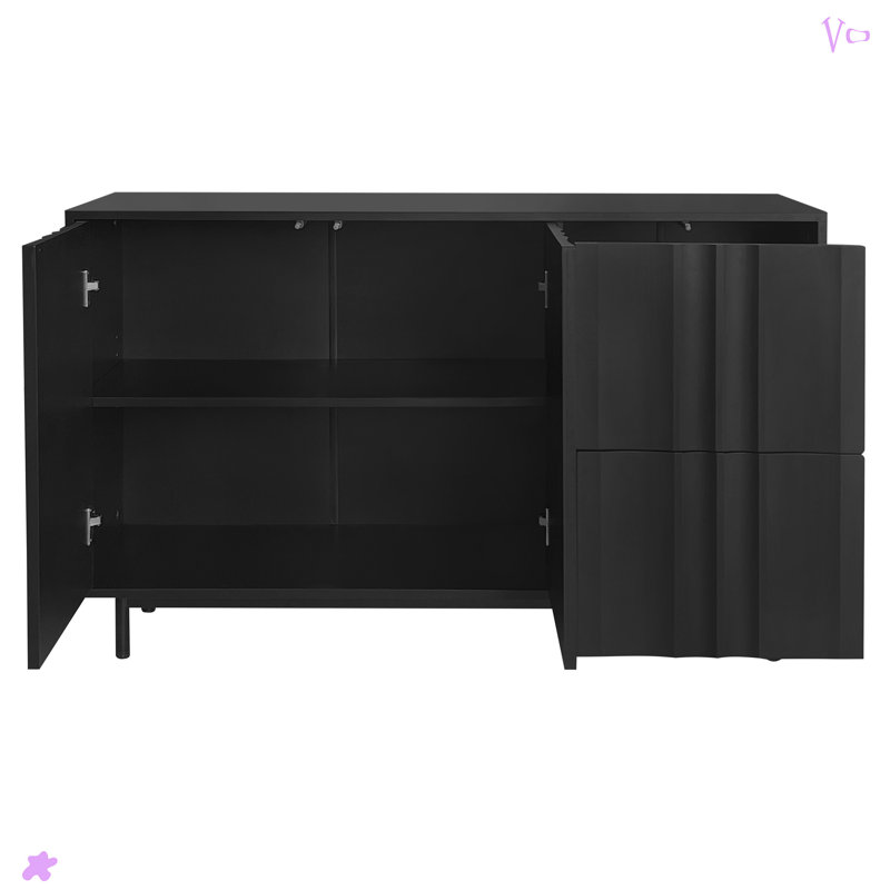 Wave Pattern Storage Cabinet With 2 Doors And 2 Drawers, Black