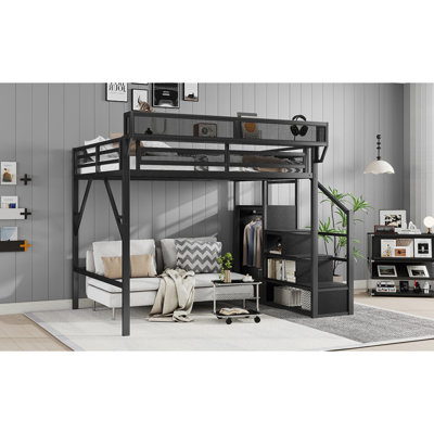 Grand lit mezzanine avec escalier, grand lit mezzanine en métal avec tablettes de rangement, lit mezzanine haut avec garde-robe pour enfants, adolescents, adultes, noir