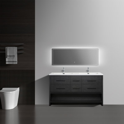Cessily 60-inch W x 21-inch D 6-Drawer Freestanding Bathroom Vanity with Double Sink and White Polymarble Countertop