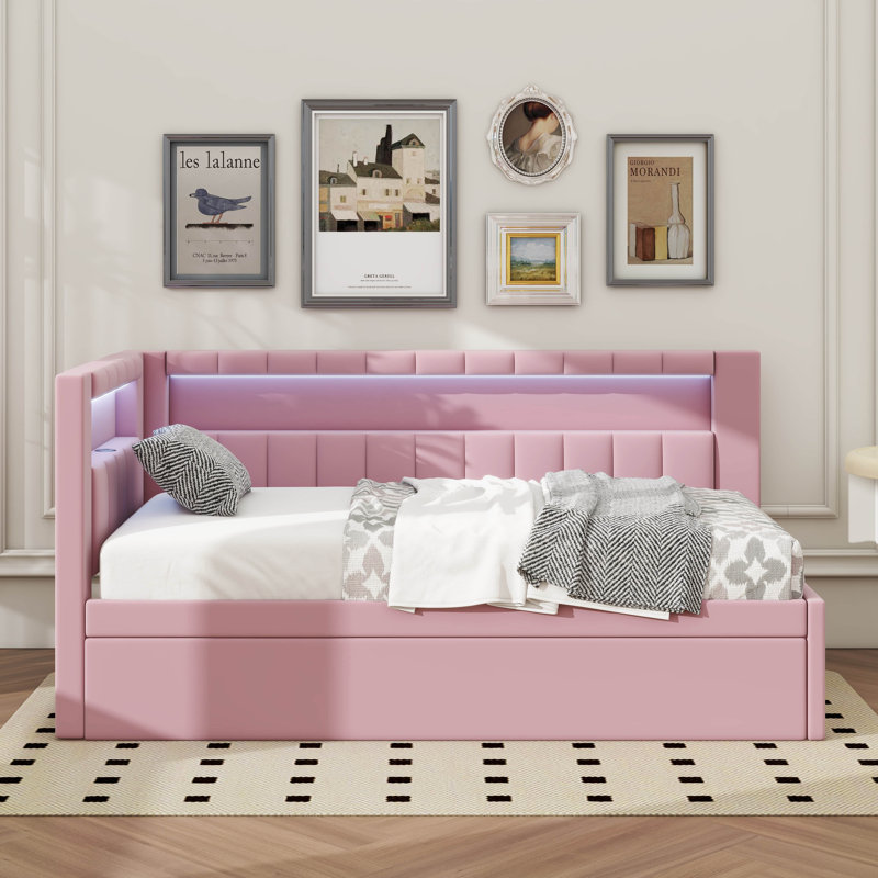 Lit plateforme tapissier simple avec ports USB, détails DEL et lit gigogne escamotable, Rose