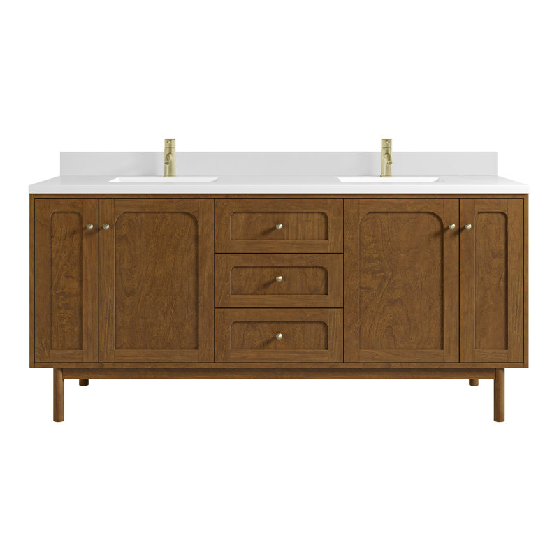 Laurent 72" Double Bathroom Vanity Set, White Zeus, Single-Hole, Honey Brown