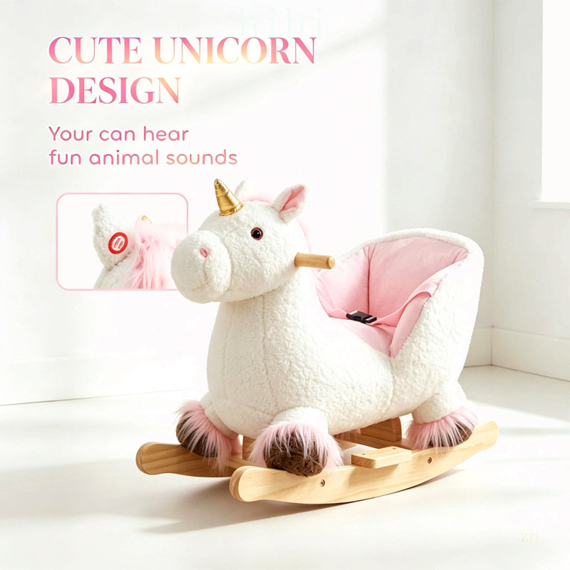 Licorne à bascule en peluche interactive adaptée aux tout-petits, un jeu sécuritaire et stimulant pour le développement musculaire et l'équilibre.