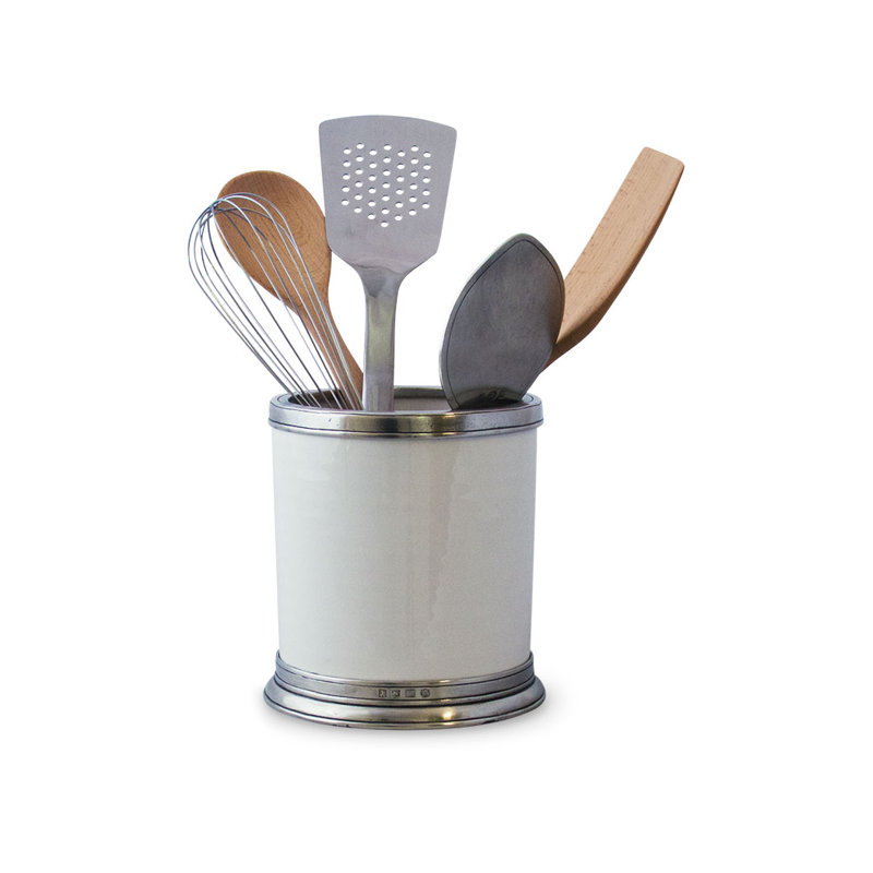 White Ceramic and Pewter Kitchen Utensil Crock