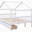 Lit double en bois avec tiroirs, blanc
