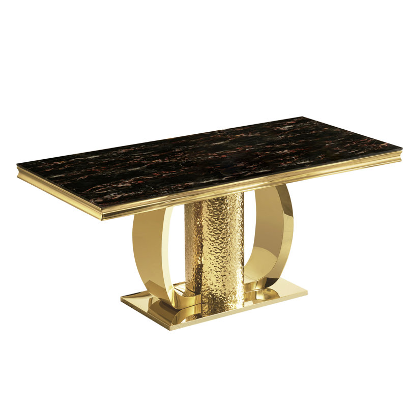 Table de salle à manger rectangulaire en or et en verre de 71,84 pouces, pieds robustes pour le soutien, usure des égratignures, table en métal de style contemporain avec verre trempé noir, base, esthétique à finition lisse, moderne