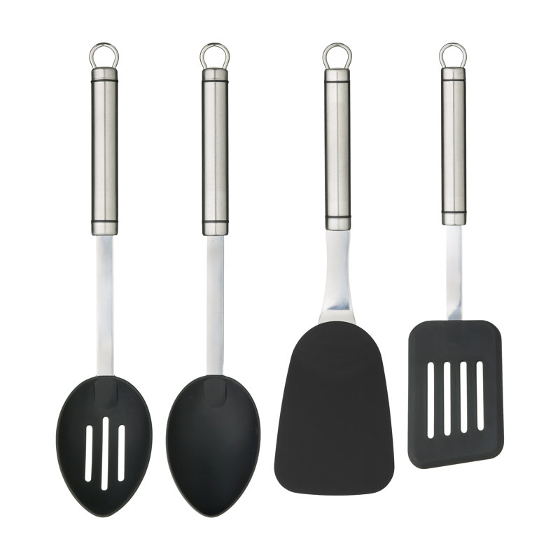 KitchenCraft Oval Handled Professional Stainless Steel Kitchen Utensils, 4pc Set Including Slotted Turner, Cooking Spoon, Slotted Spoon and Flexible Turner