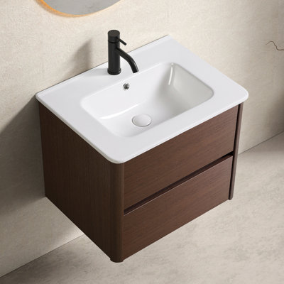 Meuble-lavabo mural 24 po avec lavabo et 1 tiroir, style américain, contreplaqué brun foncé, céramique cuite à 1280 ° C, tiroir lisse en porcelaine à une poignée de 24 po, mouvement sans effort