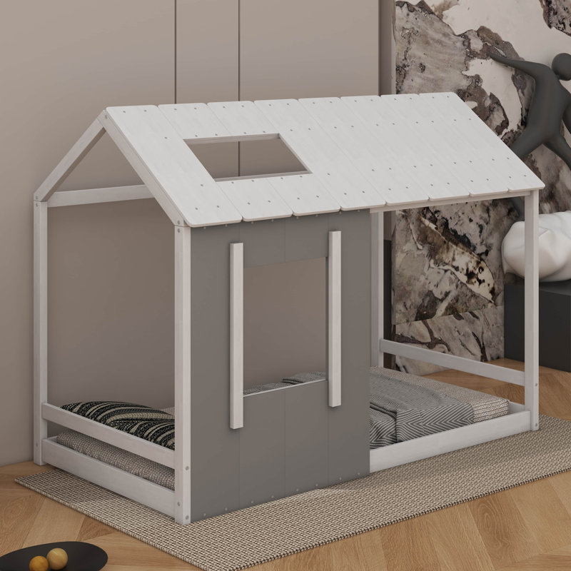 Lit plateforme simple en bois massif avec toit et fenêtre, Blanc / gris antique