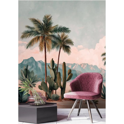 Vintage Desert Oasis Wall Mural Palm Trees Cactus Succulents Pink Sky Mountains Boho Landscape Wall Decor for Home Decor