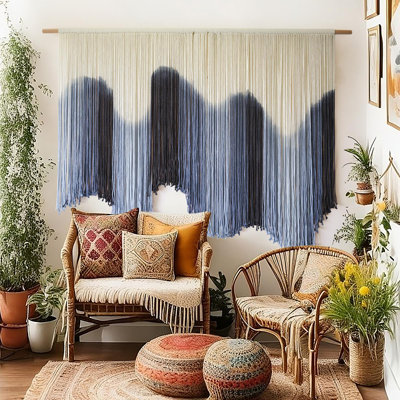 Macrame Wall Hanging, Dip Dyed, Large, for Living Room, Bohemian Tassel Wall Decor