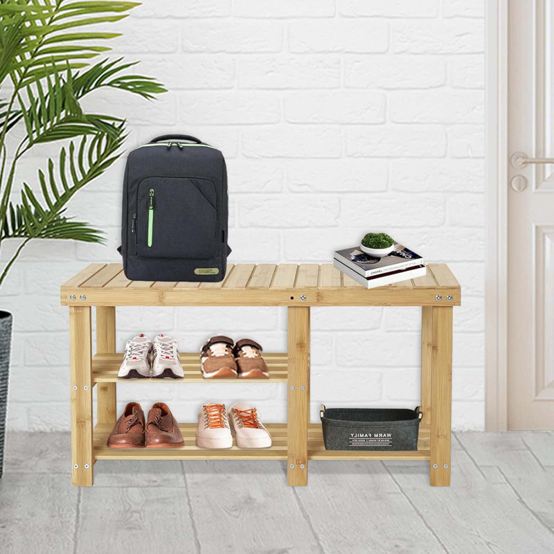 Banc de rangement pour 6 paires de chaussures, étagère à chaussures à 3 niveaux, Bois naturel