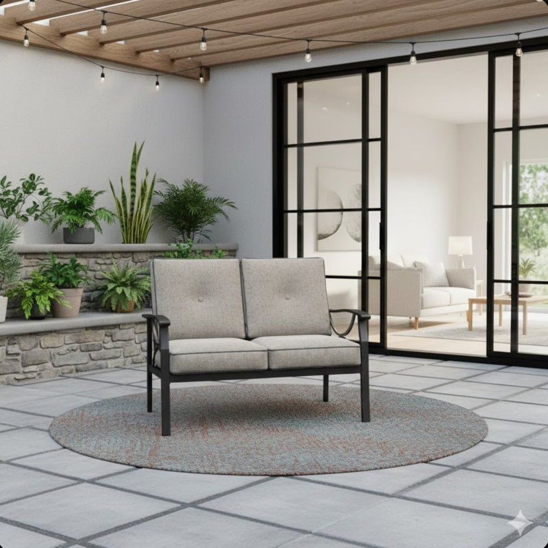 48" All-Weather Metal Loveseat 2 Seats Couch Sofa With Beige Cushions With Khaki Frame, Beige, Gray