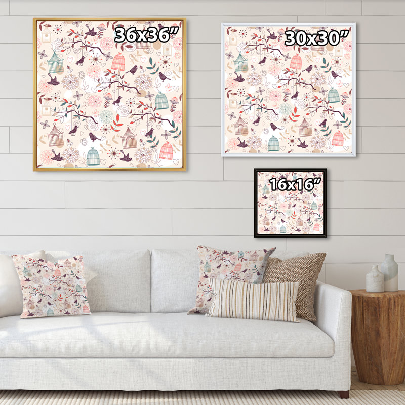 Motif d'oiseaux - peinture, H 16 po x l 16 po x P 1 po, Toile avec cadre flottant noir