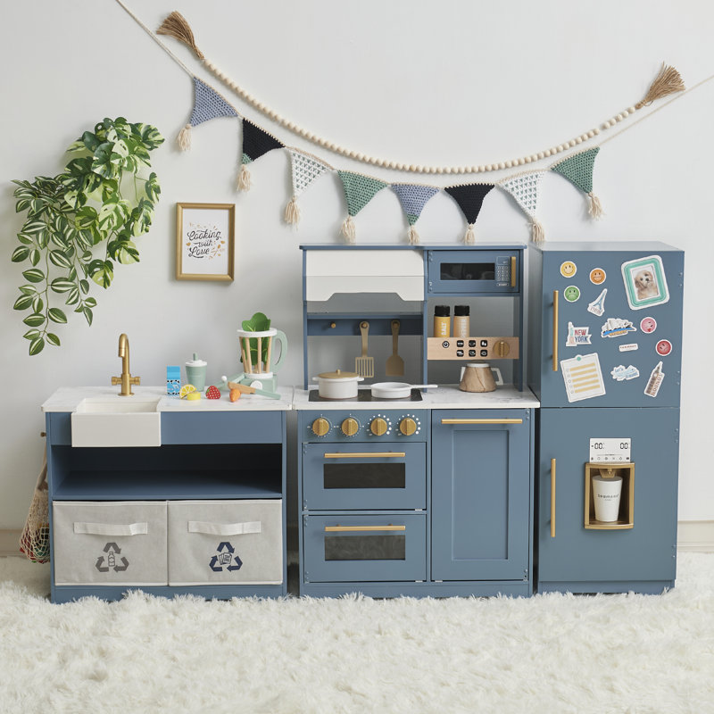 Teamson Kids Little Chef Atlanta Modular Wooden Pretend Play Kitchen +17 Accessories & Interactive Toy Appliances, Blue/Gold