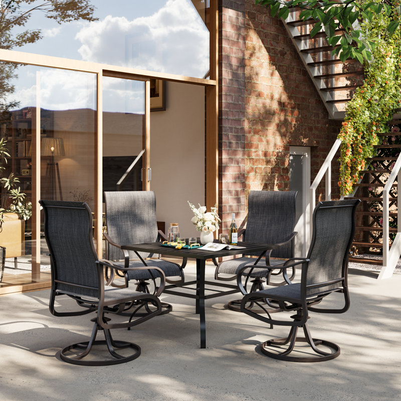 Chaises de patio pivotantes d'extérieur 4 pièces, structure en métal rotative à 360 ° avec tissu Teslin, chaises de patio avec accoudoirs pour les repas en plein air, terrasse, cour