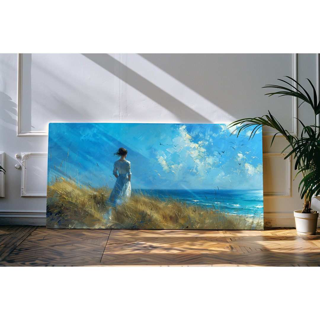 Leinwandbild gerahmt 120x60cm Junge Dame schaut zum Horizont Meer Strand blauer Himmel