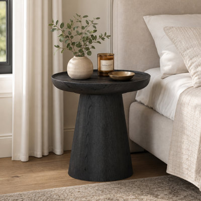 Tables de chevet rondes de style moderne du milieu du siècle (19,7 po), ensemble de 2, en bois massif avec grain de bois noir.