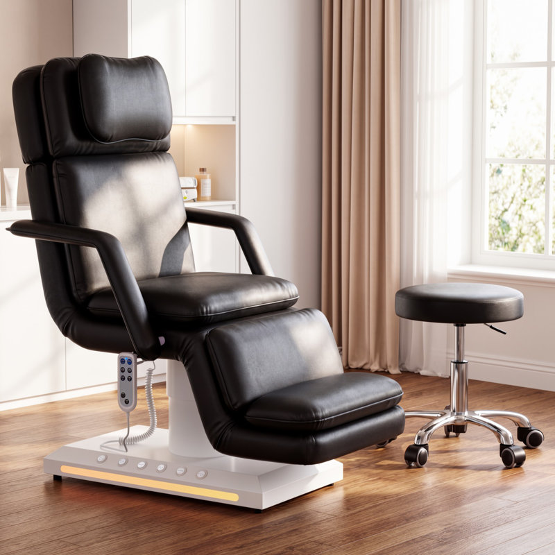 3-Motor Electric Massage Table with Stool, Remote & Foot Control, Adjustable Height, Backrest & Leg Rest, Dual-Layer Cushion, LED Buttons