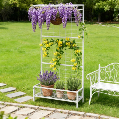 Support pour plante d'intérieur et d'extérieur en métal blanc avec treillis et barre de suspension, hauteur de 74 po, pour plantes décoratives, support à pot polyvalent, structure en acier