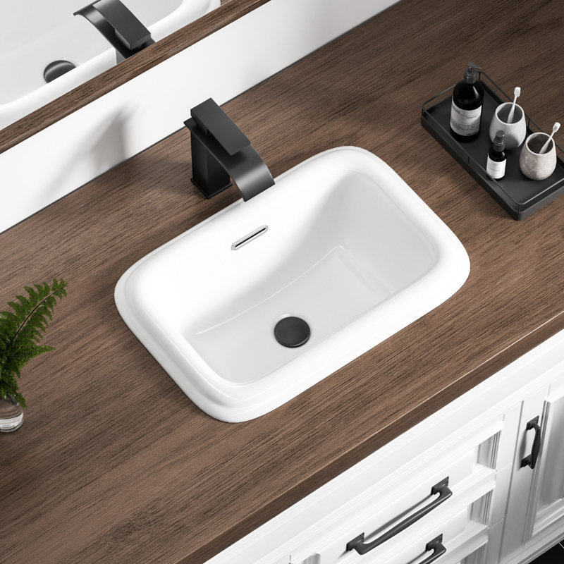 Petit lavabo de salle de bain rectangulaire encastré semi-encastré avec trop-plein blanc KARAMAG