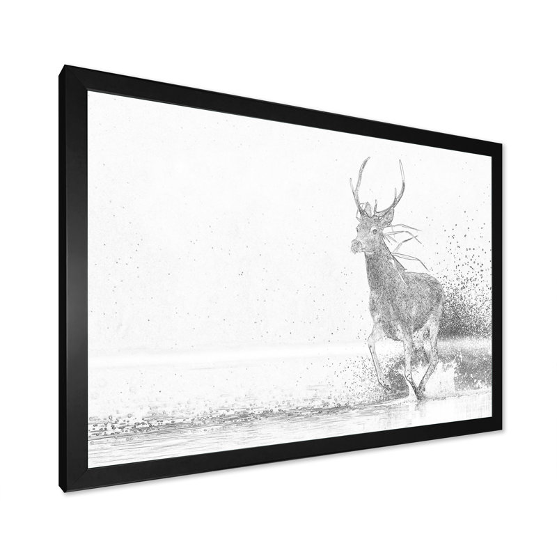 Cerf noir et blanc croquis - reproduction de cadre flottant sur toile, Cadre photo noir, H 8 po x l 12 po x P 1 po