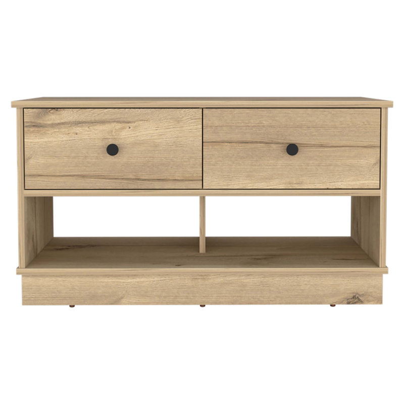 Banc de rangement, deux tablettes ouvertes, deux tiroirs - chêne clair, Beige