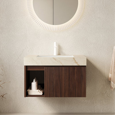 Meuble-lavabo de 76 cm avec lavabo intégré, armoire de rangement suspendue, comptoir en pierre frittée couleur crème veinée or et lavabo en céramique avec 1 trou pré-percé pour robinetterie, démonté, sans robinetterie ni bonde, couleur noyer.