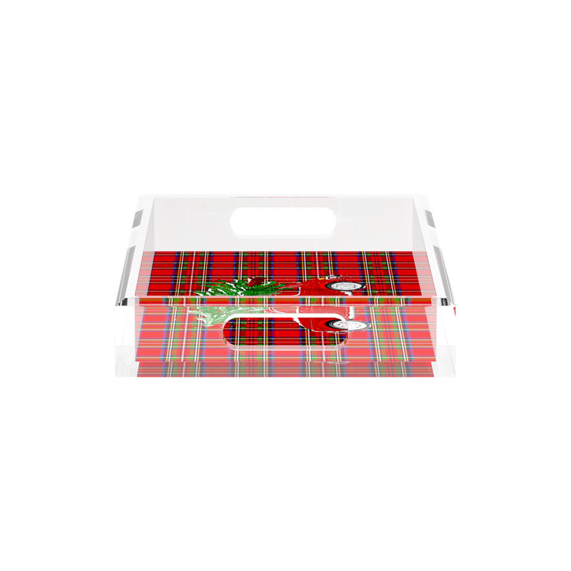 Xmas Tree Plaid Acrylic Rectangle Decorative Tray, 12.5"W x 7.75"D x 2"H