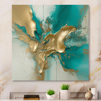 Marbre doré et turquoise Fuild Ink II - art mural abstrait en métal marbré
