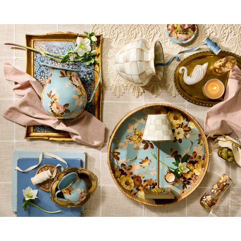 Wild Rose Enamel & Rattan Round Tray, Slate